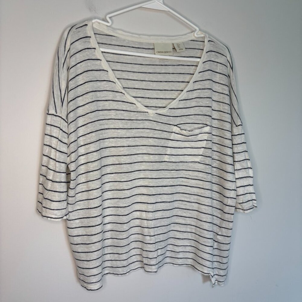 CYNTHIA ROWLEY 100% Linen Short Sleeve Tee Womens L V-Neck Navy Stripe Cream